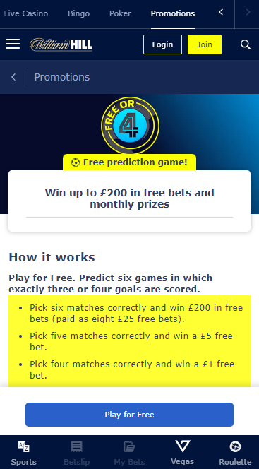 william hill free or 4